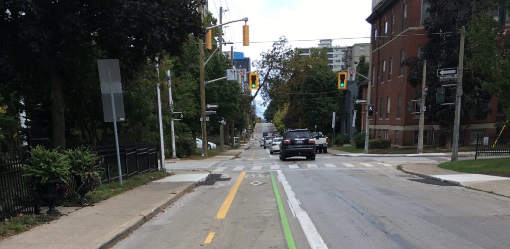 One-way streets and a two-way bike lane in Hamilton, Ontario