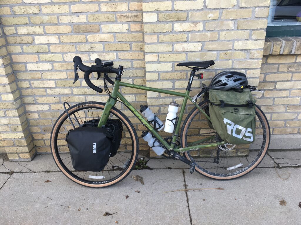 My 2023 touring bike setup mid-trip in Goderich, Ontario, Canada.