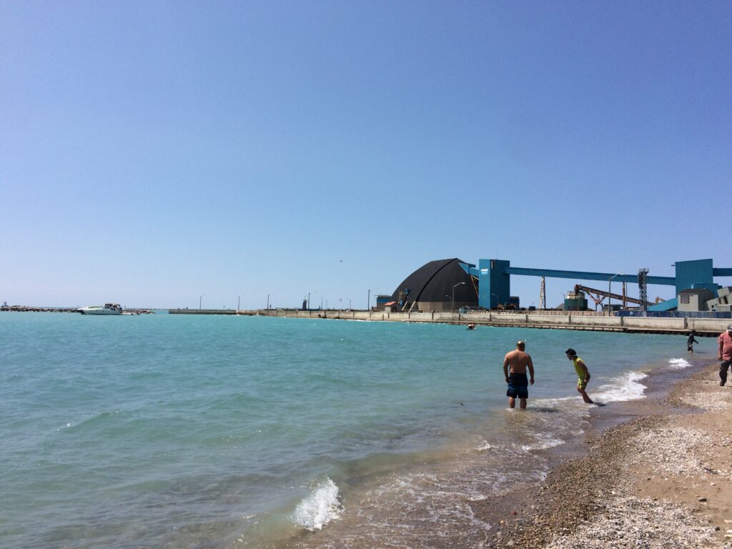 Lake Huron and a factory in downtown Goderich