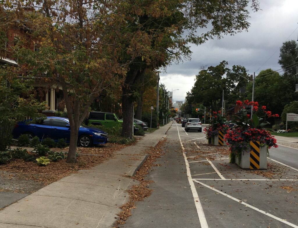 A protected bike lane in Hamilton, Ontario, separated from the road by planters.