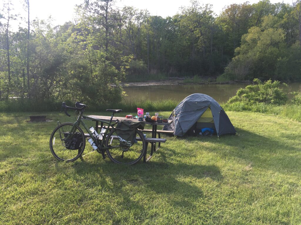 A campsite along the Grand River at Byng Island Conservation Area, in Ontario.